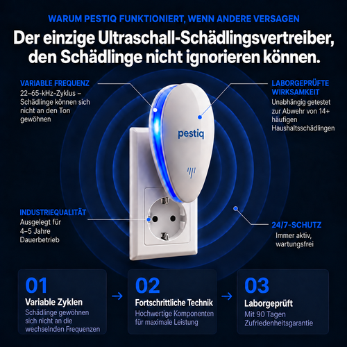 Funktionsübersicht des PESTIQ Ultraschall-Schädlingsvertreibers